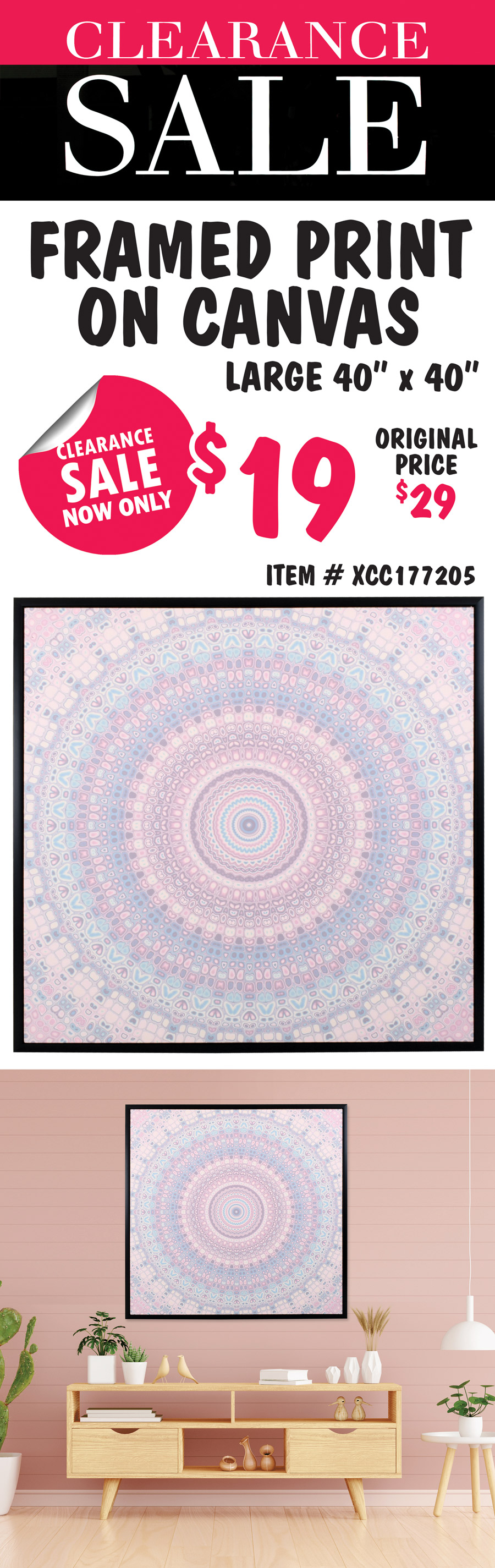 Framed Print on Canvas Clearance Sale, now only $19, original price $29. Large 40 inch by 40 inch canvas with circular design in pastel hues of pinks, blues, turquoise, and white, with black wood frame. Item number XCC177205.