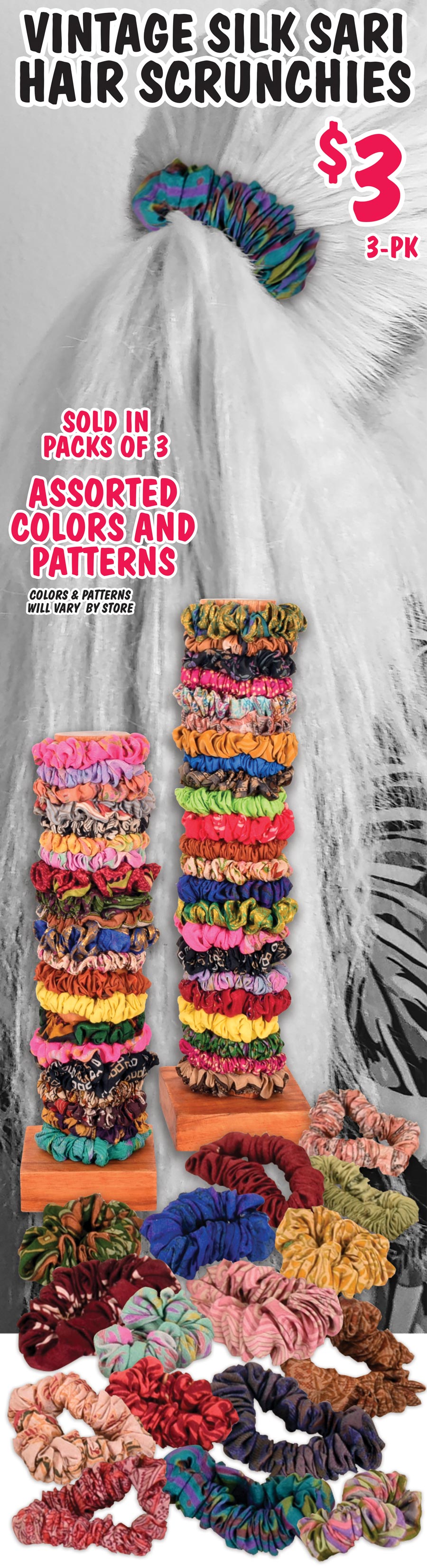 Vintage Silk Sari Hair Scrunchies - sold in 3-packs for $3 per pack. Assorted colors and patterns. Colors and patterns will vary by store.