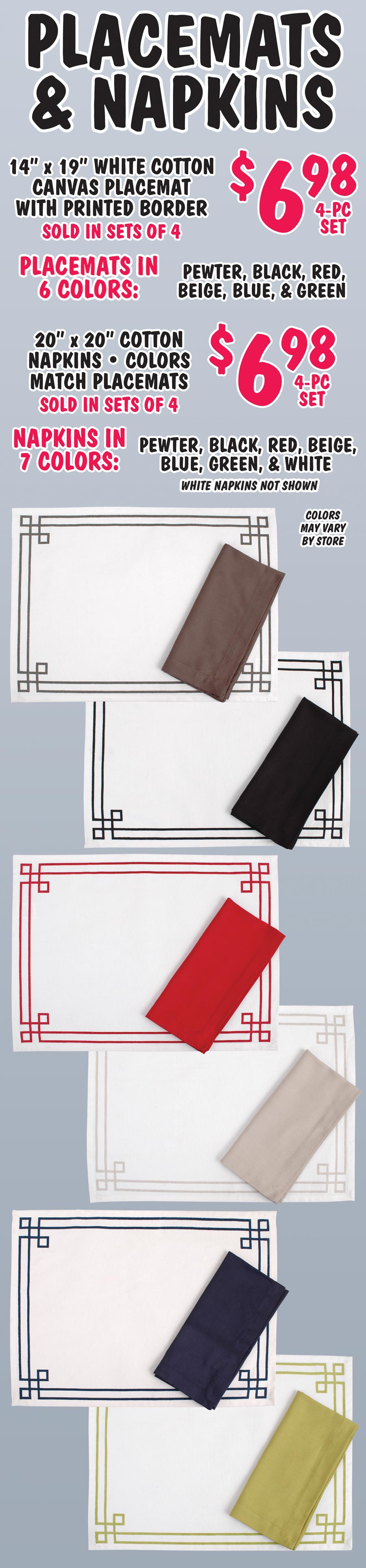 Cotton Placemats and Matching Napkins - your choice $6.98 for a set of 4