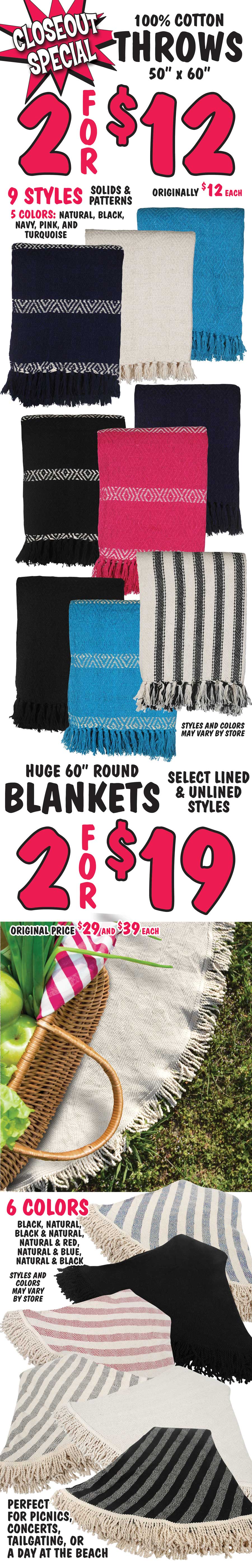 Closeout Special - Cotton Throws, 2 for $12, 60 inch Round Blankets, 2 for $19