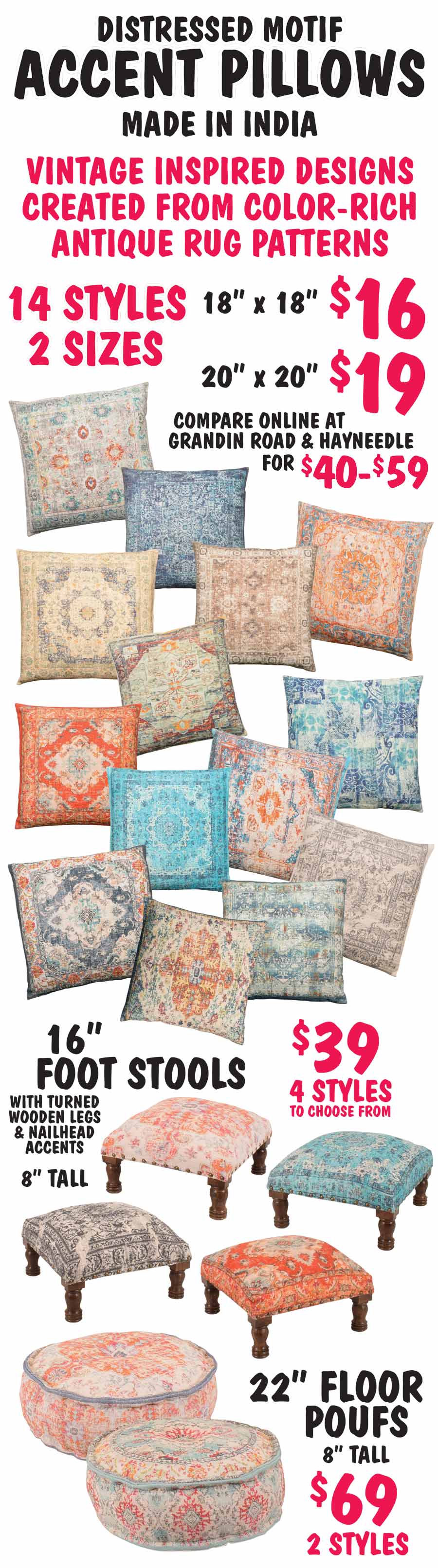 Distressed Motif Pillows, Foot Stools, and Floor Poufs starting at $16