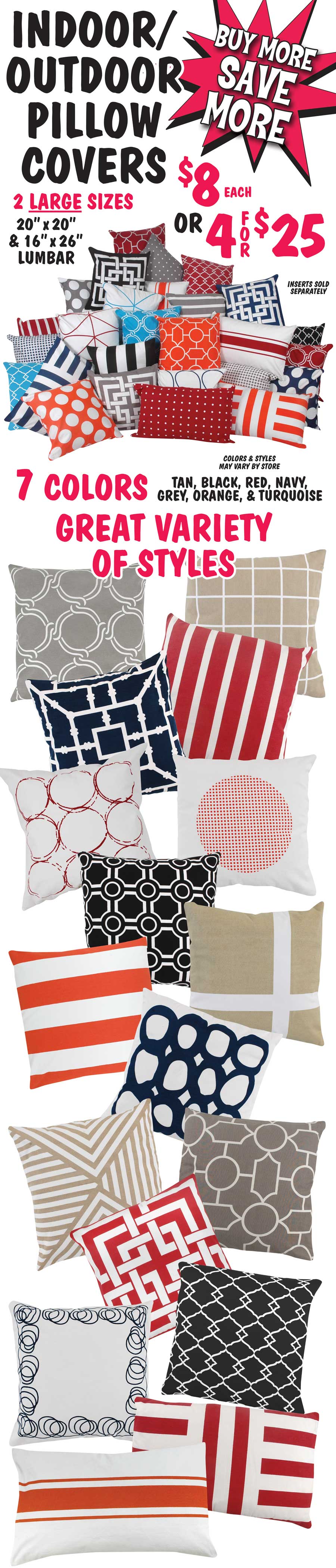 Indoor Outdoor Pillow Covers - $8 each or 4 for $25