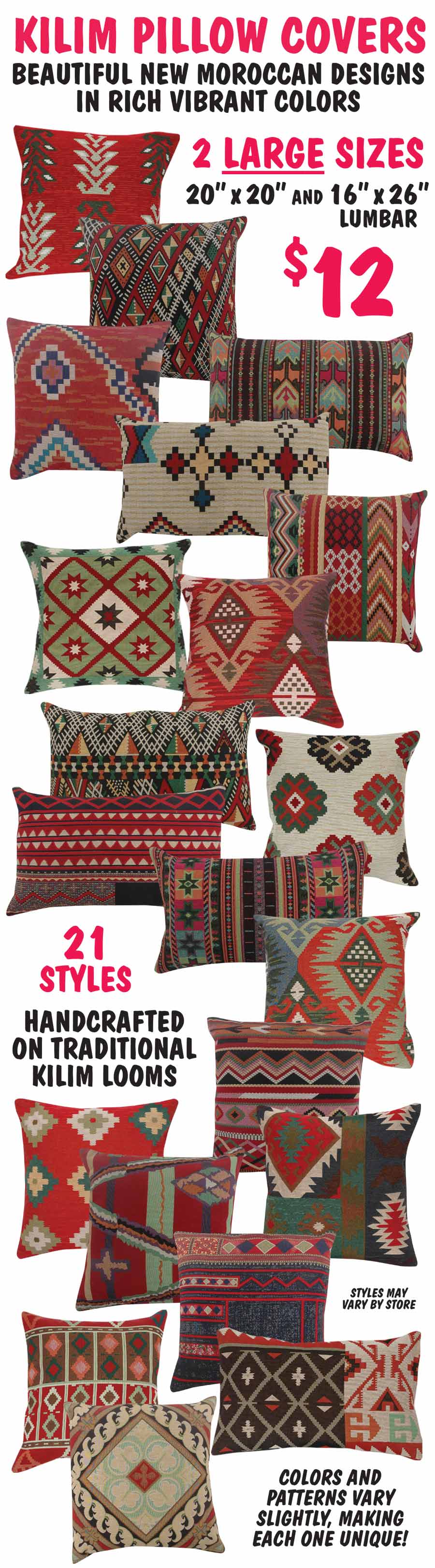 Kilim Pillow Covers 2 Sizes - 21 Styles - $12