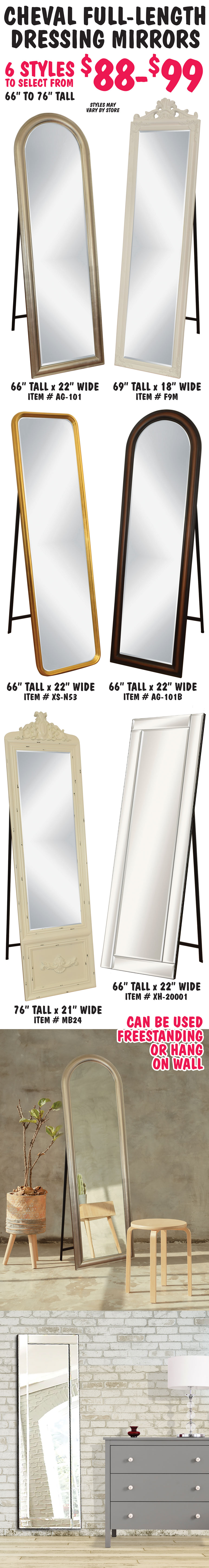 Cheval Full-Length Dressing Mirrors $88 to $99 – 6 Styles - freestanding or hang on a wall