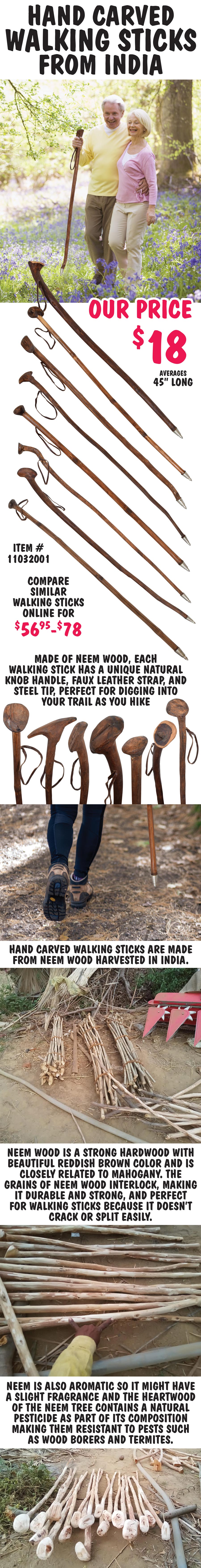 Hand Carved Walking Sticks from India - our price $18 - compare similar walking sticks online for $56.95 to $78. Made of neem wood, each walking stick has a unique natural knob handle, faux leather strap, and steel tip, perfect for digging into your trail as you hike, average length 45 inches. Neem wood is a strong hardwood with beautiful reddish brown color and is closely related to mahogany. The grains of neem wood interlock, making it durable and strong, and perfect for walking sticks because it doesn’t crack or split easily. Neem is also aromatic so it might have a slight fragrance and the heartwood of the neem tree contains a natural pesticide as part of its composition making them natural resistant to pests such as wood borers and termites.