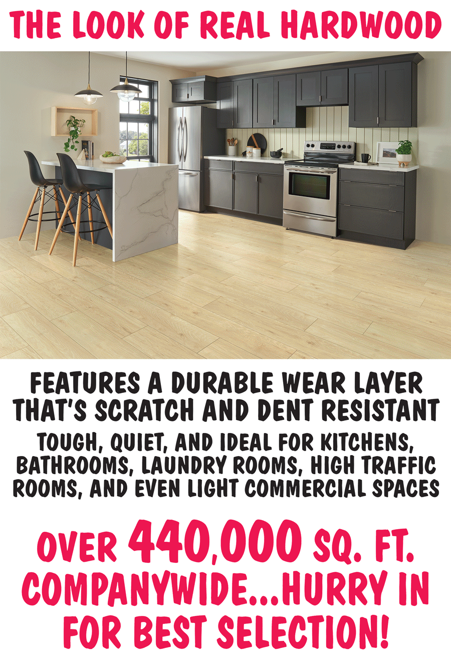 Special Buy Bruce Waterproof Laminate Flooring 98 cents a square foot, available in 9 stores, Birmingham, Chattanooga, Chesapeake, Greenville, Huntsville, Knoxville, Mobile, Nashville, and Shreveport, 22 colors, styles and colors may vary by store, 8 inch by 48 inch planks, 10 millimeters thick with 2 millimeter thick attached pad for superior soundproofing.