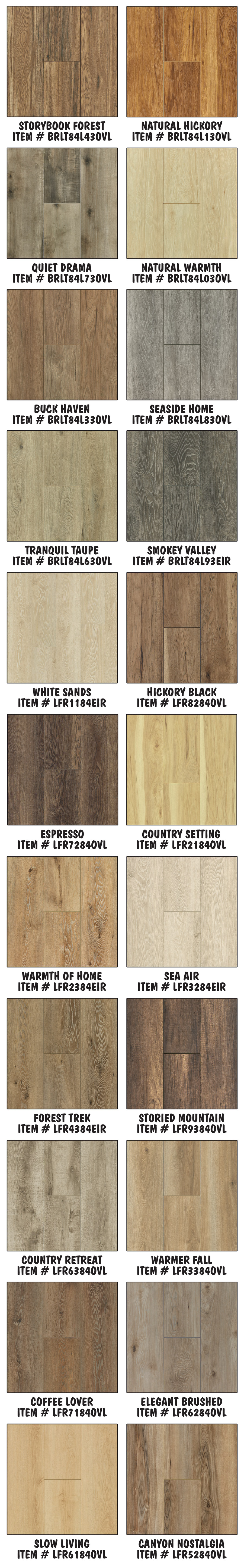 Special Buy Bruce Waterproof Laminate Flooring 98 cents a square foot, available in 9 stores, Birmingham, Chattanooga, Chesapeake, Greenville, Huntsville, Knoxville, Mobile, Nashville, and Shreveport, 22 colors, styles and colors may vary by store, 8 inch by 48 inch planks, 10 millimeters thick with 2 millimeter thick attached pad for superior soundproofing.