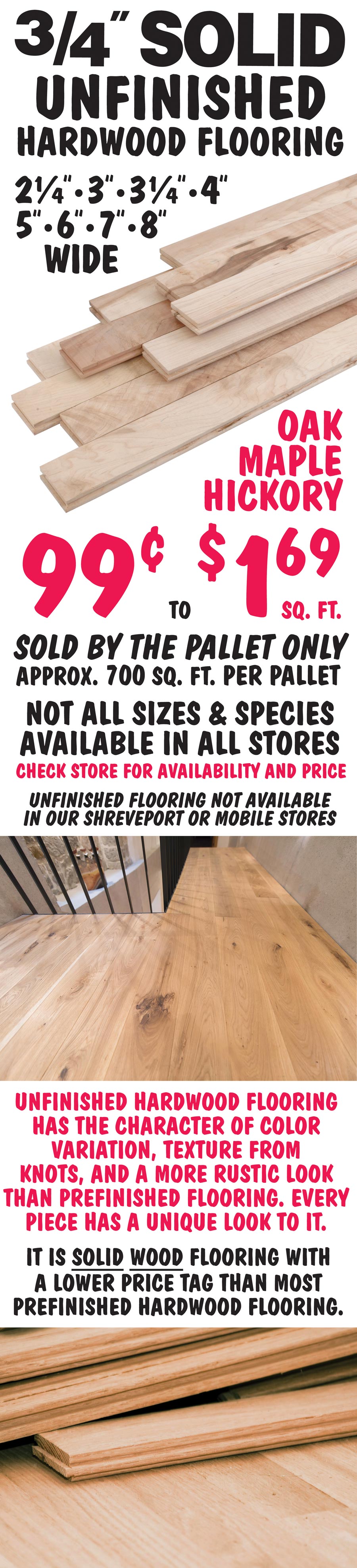 3 quarter inch Solid Unfinished Utility Hardwood Flooring starting at 99 cents a square foot