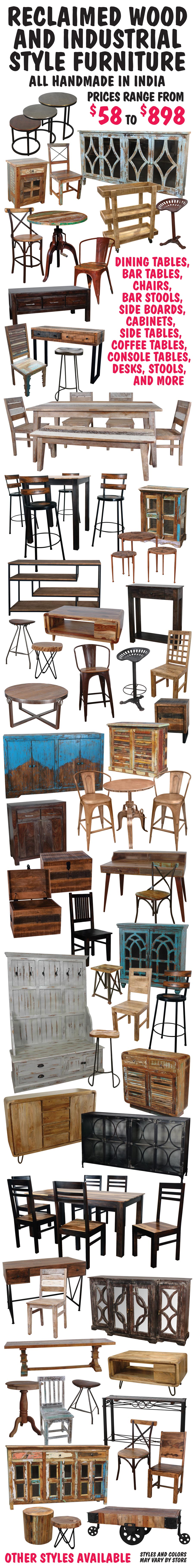 Reclaimed Wood and Industrial Style Furniture - Dining Tables, Bar Tables, Chairs, Barstools, Side Boards, Cabinets, Side Tables, Coffee Tables, Console Tables, Desks, Stools, and more