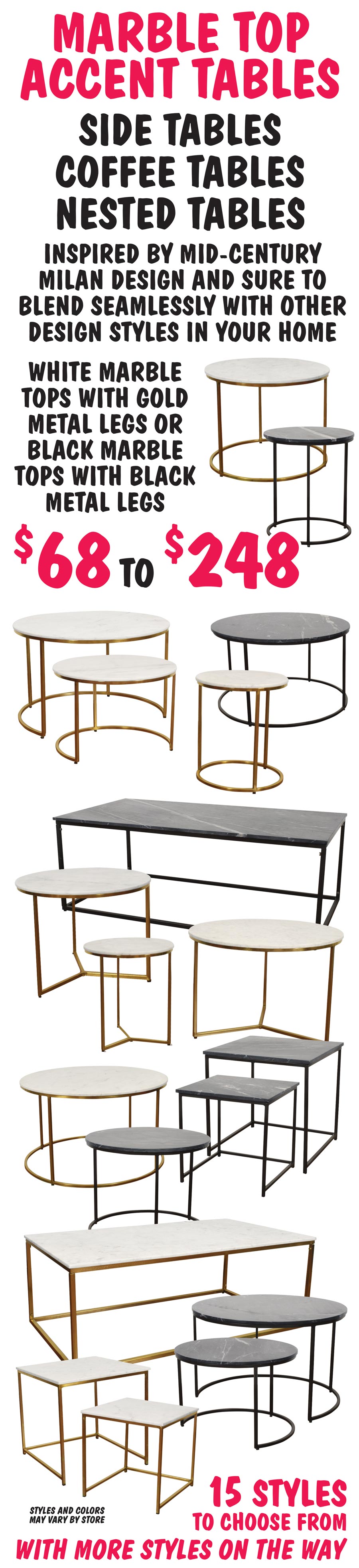 Marble Top Accent Tables - Side Tables, Coffee Tables, and Nested Tables $68 to $248. White marble tops with gold metal legs or black marble tops with black metal legs. Inspired by Mid-Century Milan design.