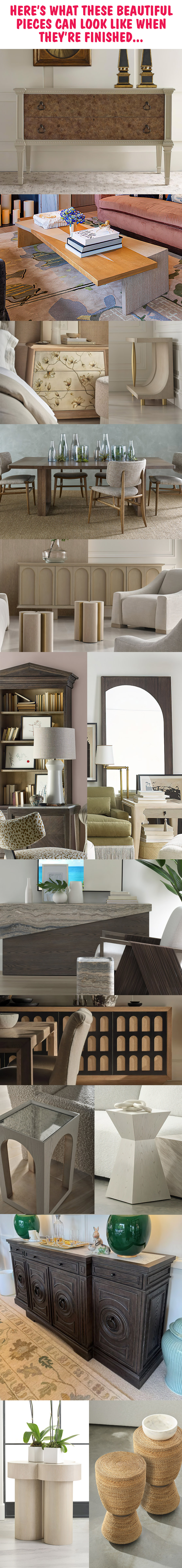 Special Buy Baker McGuire luxury high end furniture 85 to 90 percent off, $99 to $599, compare online for $1,437 to $18,470, available in 3 stores only, Birmingham, Chattanooga, and Nashville. 24 different styles, this is unfinished furniture, a little paint, a little stain, save thousands of dollars, styles may vary by store, styles shown finished, but they are sold unfinished. Thaddaeus Bookcase our price $599, compare online for $5,697, item number MR8496BD, 38 inches wide by 16 and a half inches deep by 93 inches high. Portico Floor Mirror our price $299, compare online for $2,479, item number MR8412, 34 inches wide by 86 inches high. Magnus Credenza with 4 doors our price $599, compare online for $18,470, item number BAA3428, 96 inches wide by 20 inches deep by 34 inches high. Emperor Sideboard with carrara mable top, 4 doors, and 3 drawers our price $499, compare online for $4,723, item number MR8428, 78 inches wide by 18 and a half inches deep by 36 inches high. Tropez Console Table with stream onyx marble top our price $599, compare online for $10,792.80, item number MCA1763, 68 inches wide by 14 inches deep by 32 inches high. Dutch Chest with 2 pepper drawers our price $499, compare online for $4,619, item number BAA2073, 56 inches wide by 24 inches deep by 34 inches high. Horizon Dining Table our price $599, compare online for $5,172.75, item number MCA1038, 92 inches long by 44 inches wide by 29 and 3 quarter inches high. Rome Credenza with 4 doors our price $599, compare online for $12,159, item number BAA3977, 79 inches wide by 18 inches deep by 30 inches high. Thea Credenza with 3 doors with eglomise fronts, and 1 drawer our price $499, compare online for $4,437.60, item number MR8429, 62 and a half inches wide by 18 inches deep by 35 inches high.