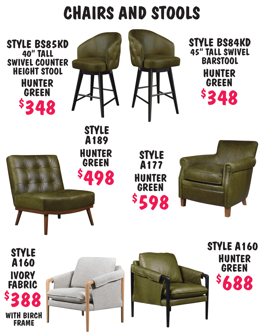 Chairs and stools, 40 inch tall swivel counter height stool $348 style BS85KD, 45 inch tall swivel barstool $348 style BS84KD, armless chair $498 style A189, armchair $598 style A177, armchair $688 style A160, also in ivory fabric with birch wood frame $388. And armchair with rattan accents $598 style A194 in 7 colors - vintage black, saba tee pee, vintage light grey, vintage mocha, vintage blue, vintage tan, and vintage grey.