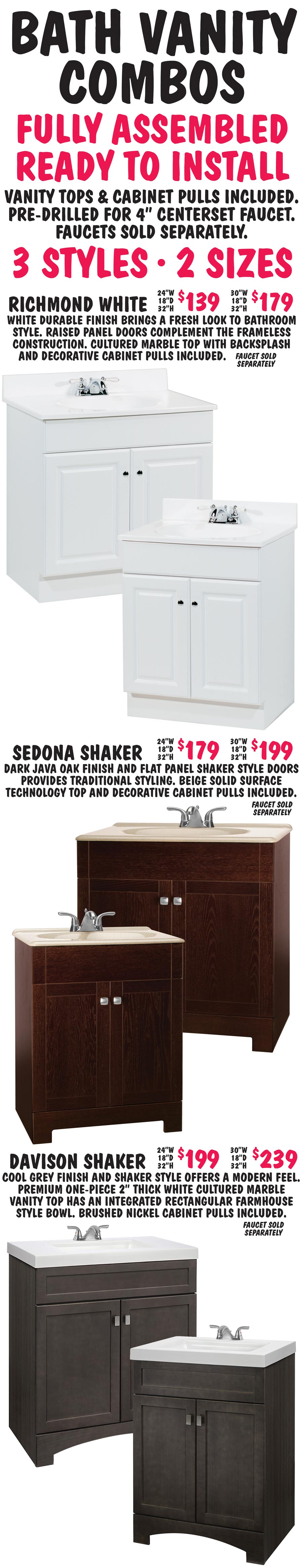 Bath Vanity Combos includes Vanity Top – starting at $139