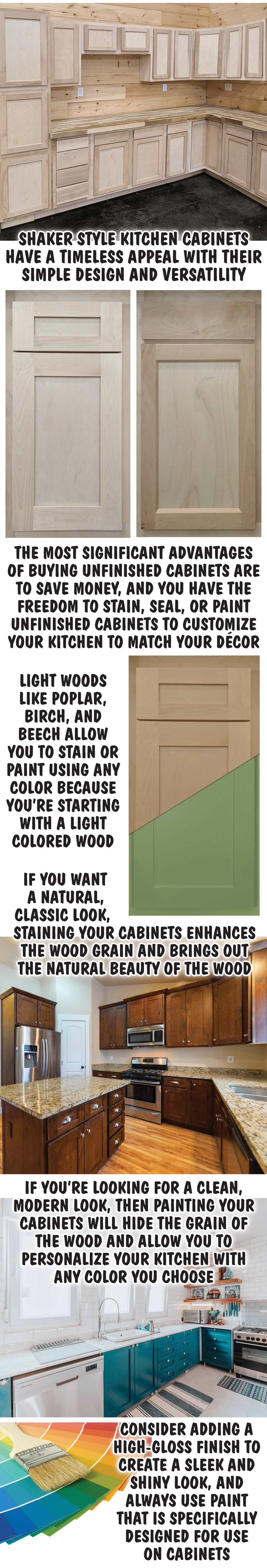 Shaker style kitchen cabinets have a timeless appeal with their simple design and versatility. The most significant advantages of buying unfinished cabinets are to save money, and you have the freedom to stain, seal, or paint unfinished cabinets to customize your kitchen to match your décor. Light wood finishes like poplar, birch, and beech allow you to stain or paint using any color because you’re starting with a light colored wood. If you want a natural, classic look, staining your cabinets enhances the wood grain and brings out the natural beauty of the wood. If you’re looking for a clean, modern look, then painting your cabinets will hide the grain of the wood and allow you to personalize your kitchen with any color you choose. Consider adding a high-gloss finish to create a sleek and shiny look, and always use paint that is specifically designed for use on cabinets.