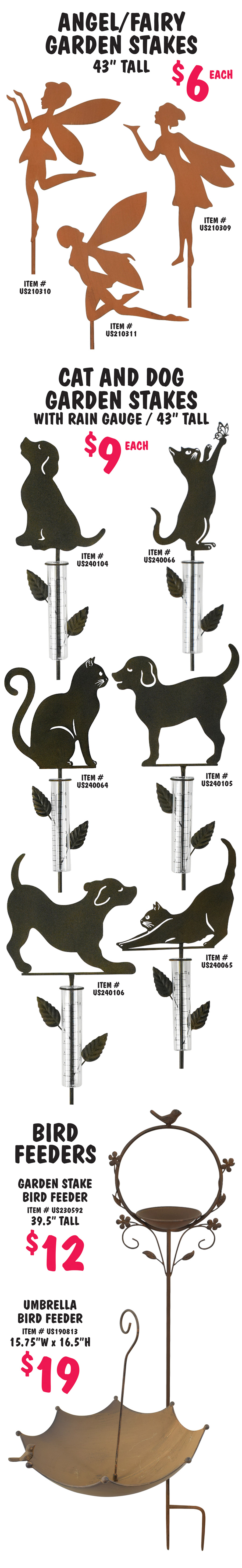 Decorative Metal Garden Décor $6 to $19. garden stakes, candle holder stakes, and bird feeders.