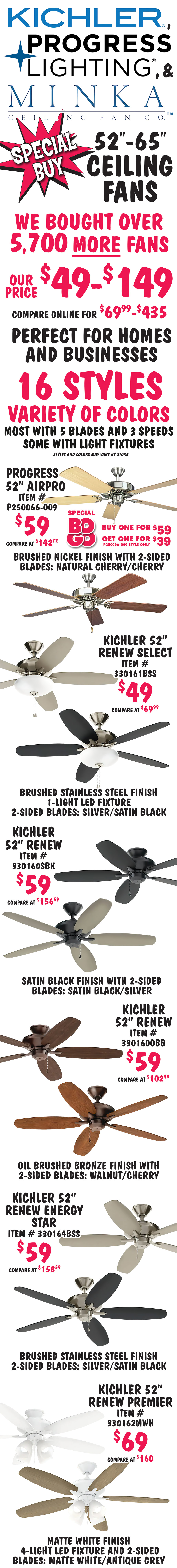 Special Buy Kichler, Progress, and Minka 52 inch to 65 inch Ceiling Fans, we bought over 5,700 MORE fans, our price $49 to $149, compare online for $69.99 to $435. Most are 52 inches for $59 and $69. Perfect for homes and business. 16 styles, variety of colors, most with 5 blades and 3 speeds, some with L E D light fixtures, styles and colors may vary by store. Progress 52 inch Air Pro $59 plus special BOGO, buy one for $59, get one for $39, compare online for $142.72, item number P250066 dash 009, BOGO only good on this style, brushed nickel finish with 2 sided blades in natural cherry and cherry. Kichler 52 inch Renew Select $49, compare online for $69.99, item number 330161BSS, brushed stainless steel finish with 1 light L E D fixture and 2 sided blades in silver and satin black. Kichler 52 inch Renew $59, compare online for $156.59, item number 330160SBK, satin black finish with 2 sided blades in satin black and silver. Kichler 52 inch Renew $59, compare online for $102.48, item number 330160OBB, oil brushed bronze finish with 2 sided blades in walnut and cherry. Kichler 52 inch Renew Energy Star $59, compare online for $158.59, item number 331064BSS, brushed stainless steel finish with 2 sided blades in silver and satin black. Kicher 52 inch Renew Premier $59, compare online for $160, item number 330162MWH, matte white finish with 4 light L E D fixture and 2 sided blades in matte white and antique grey.