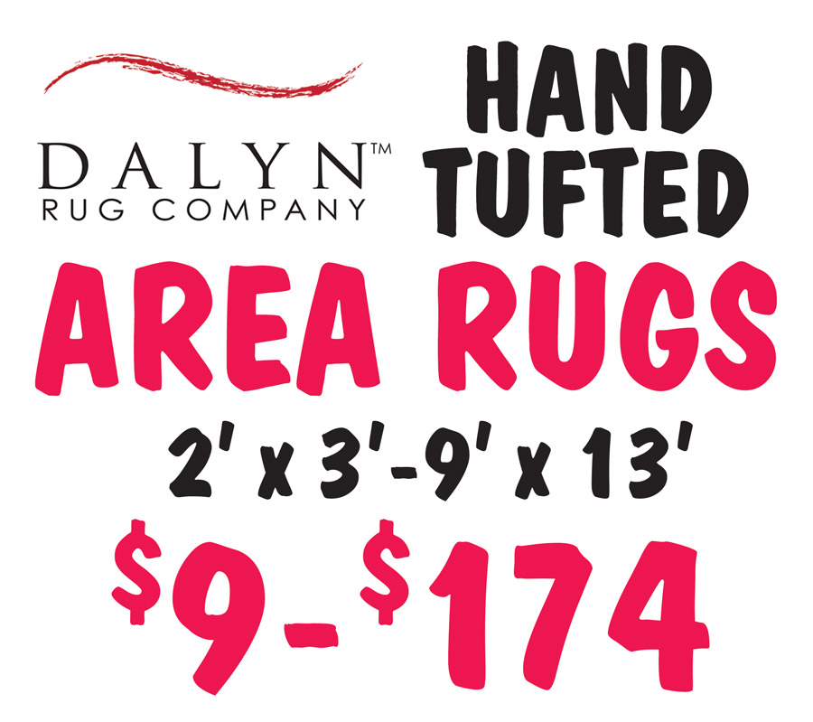 Dalyn Hand Tufted Area Rugs $9 to $174, 2 feet by 3 feet scatters to 9 feet by 13 feet area rugs.
