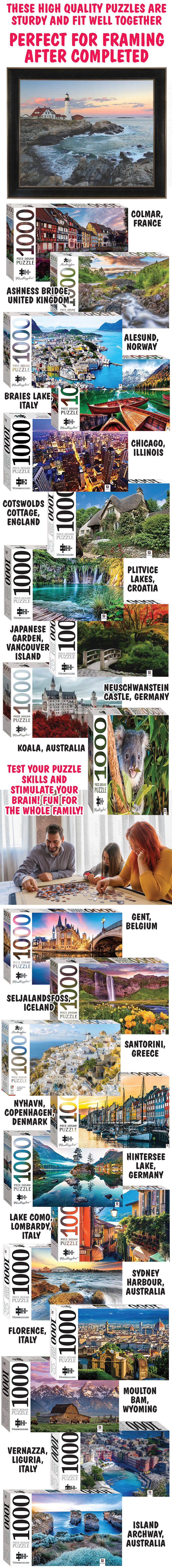 These high quality puzzles are sturdy and fit well together. Perfect for framing after completed. Test your puzzle skills and stimulate your brain! Fun for the whole family!