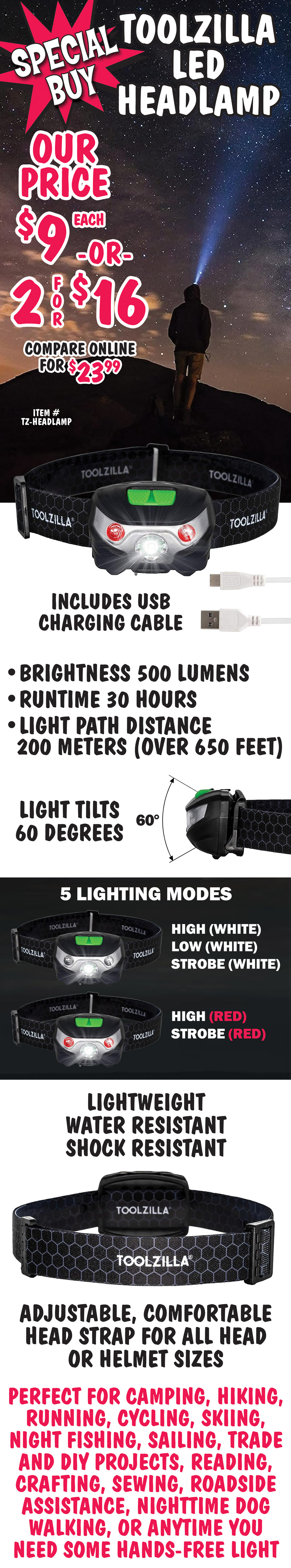 Special Buy Toolzilla LED Headlamp $9 each or 2 for $16, compare online for $23.99, item number TZ dash HEADLAMP. Includes USB charging cable, brightness 500 lumens, runtime 30 hours, light path distance 200 meter, that’s over 650 feet. Light tilts 60 degrees and has 5 lighting modes – high white, low white, strobe white, high red, and strobe red. Lightweight, water resistant, and shock resistant with an adjustable, comfortable head strap for all head or helmet sizes. Perfect for camping, hiking, running, cycling, skiing, night fishing, sailing, trade and D I Y projects, reading, crafting, sewing, roadside assistance, nighttime dog walking, or anytime you  need some hands-free light.