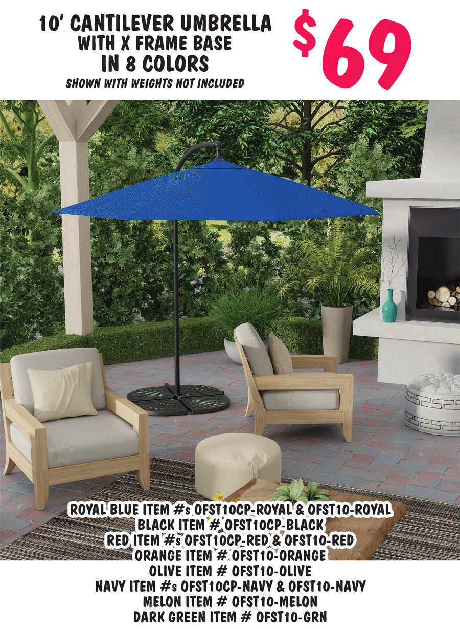 Patio Umbrellas, round, market, and cantilever styles, and umbrella stands, over 26,000 pieces to select from, over 3,000 Sunbrella 9 foot umbrellas for $79, compare online for $209 to $289 and up, styles, colors, and sizes may vary by store. 4 foot round umbrella in 6 colors $9, stands not included, ancient stone item number TP dash D dash 1376, fern shower item number TP dash D dash 3013, black item number TP dash D dash 3285, quilt blue item number TP dash D dash 4649, sun orange item number TP dash D dash 5434, and mindful mint item number TP dash D dash 6992. 9 foot market umbrella, some with tilt, in 7 styles $29, stands not included, white banana leaf item number TL8278011661LW, spring floral scalloped item number TL8278012411LW, dual polka dot item number TL8278012761LW, green blue stripe item number TL8278012881LW, black white stripe item number TP dash D dash 4528, melon item number TP dash m dash 3215, and  white blue stripe item number TSP8278SCT dash 0146001. Umbrella stands in 2 styles $29, bronze cast iron 19 inch diameter by 14 inches high, 22 pounds, item number 3PB dash RND dash BRO and dark bronze polystone 22 inch diameter by 14 inches high, 44 pounds, item number 3UB dash RPSB40. 10 foot by 6 and a half foot rectangle umbrella in 2 colors $29, stands not included, sage item number TP dash M dash 2452, turquoise item number TP dash M dash 6984. 10 foot cantilever umbrella with X frame base in 8 colors $69, shown with weights not included, brown green stripe item number 300 dash 6SC10 dash BROWNGREENSTRIPE, brown red stripe item number 300 dash 6SC10 dash BROWNREDSTRIPE, cream item number 300 dash 6SC10 dash CREAM, dark red item number 300 dash 6SC10 dash DARKRED, forest green item number 300 dash 6SC10 dash FORESTGREEN, navy item number 300 dash 6SC10 dash NAVY, orange item number 300 dash 6SC10 dash ORANGE, and royal blue item number 300 dash 6SC10 dash ROYALBLUE.