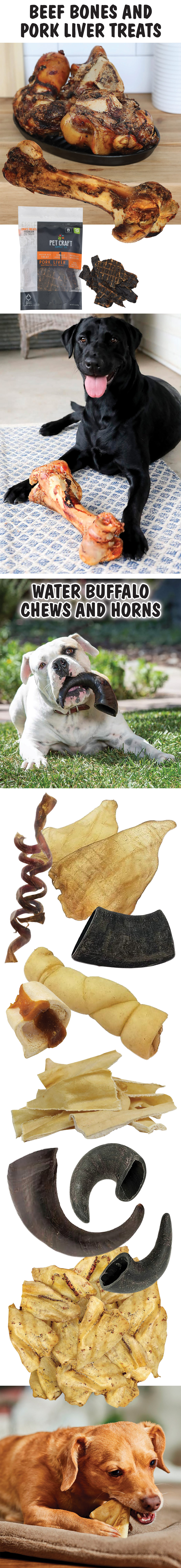 images of treats, bones, horns, chews, and super cute dogs enjoy their treats