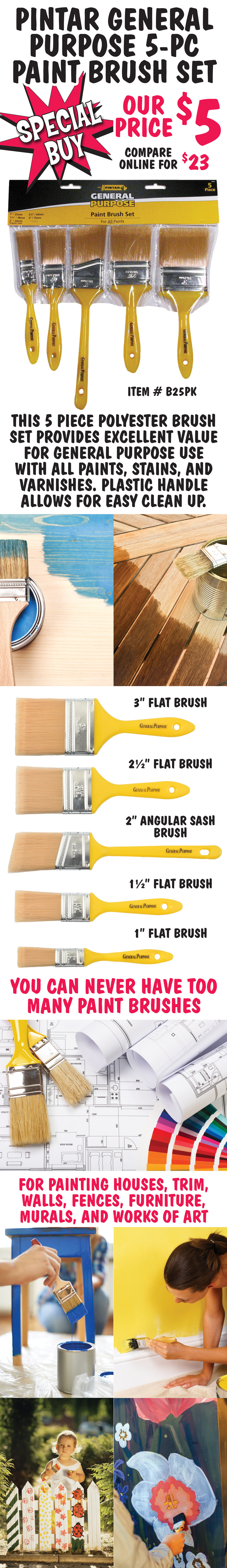 Special Buy - Pintar General Purpose 5-piece Paint Brush Set $5 for 5 brushes, compare online for $23, item number B25PK. Set contains 1 inch flat brush, 1 and half inch flat brush, 2 inch angular sash brush, 2 and half inch flat brush, and 3 inch flat brush. This 5-piece polyester brush set provides excellent value for general purpose use with all paints, stains, and varnishes. plastic handle allows for easy clean up. You can never have too many paint brushes. For painting houses, trim, walls, fences, furniture, murals, and works of art.