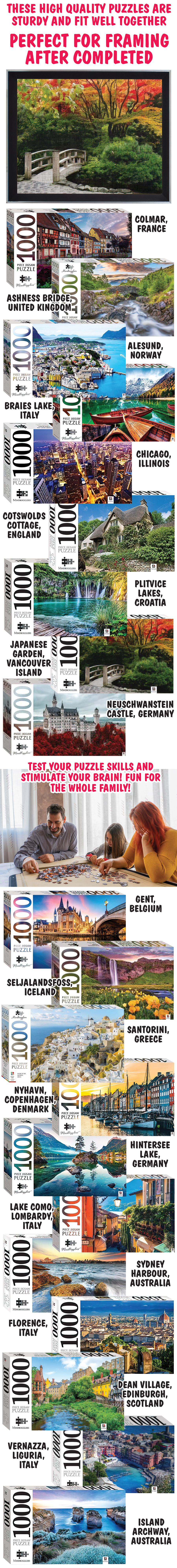 These high quality puzzles are sturdy and fit well together. Perfect for framing after completed. Test your puzzle skills and stimulate your brain! Fun for the whole family!