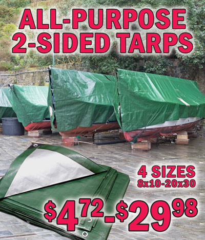 All-Purpose 2-sided Tarps in 4 sizes 8 by 10 to 20 by 30 for $4.72 to $29.98