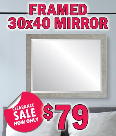 Framed Beveled Glass Mirror Clearance Sale, now only $79, original price $113. 30 by 40 inch beveled glass mirror. Frame has beautiful weathered grey woodlike textured finish. Item number 3234B3040BS.