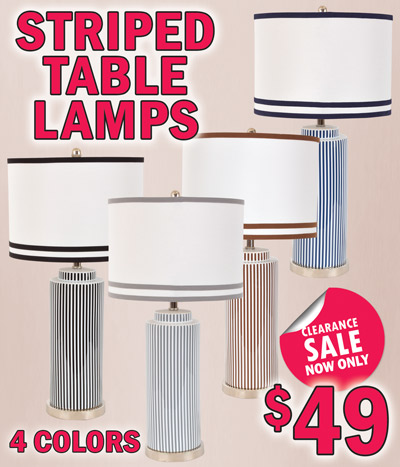 Striped Table Lamps with Shades Clearance Sale, now only $49, original price $77. 29 inches tall with 14 inch wide shade. 4 colors blue, brown, grey, and black. Colors may vary by store. Item numbers 9075-BLUE, 9075-BROWN, 9075-GREY, and 9075-BLACK.