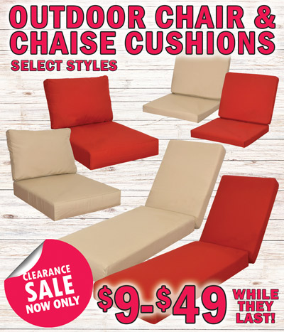 Clearance Sale Outdoor Chair and Chaise Cushions, select red and tan cushions only, designed to be used with our metal patio furniture. Stock up for next season or use with other styles of patio furniture. 2-piece Dining Chair Cushions in red or tan, clearance price now only $9 for 2-piece set, originally $54. Chairs not included. Red cushion item number 8712U6645B, tan cushion item number 8712U6646B, dimensions: seat cushion is 2 and a half inches thick, 22 inches wide by 20 inches deep, back cushion is 2 and a half inches thick, 22 inches wide by 17 and a half inches tall. 2-piece Deep Seat Cushions in red or tan, clearance price now only $29 for 2-piece set, originally $90. Chairs and loveseats not included. Red cushions item number 8713U6645B, tan cushions item number 8713U6646B, dimensions: seat cushion is 5 inches thick, 26 inches wide by 29 inches deep, back cushion is 5 inches thick, 26 inches wide by 17 and a half inches tall. Deep seat cushions for club chairs or loveseats, loveseats use 2 2-piece sets of cushions. Chaise Lounge Cushions in red or tan, clearance price now only $49, originally $133. Chaise lounges not included. Red cushion item number LGB22078060U6645B, tan cushion item number LGB22078060U6646B, dimenions: 5 inches thick, 79 inches long by 22 and a half inches wide. Clearance prices on red and tan cushions only. Styles and colors may vary by store.