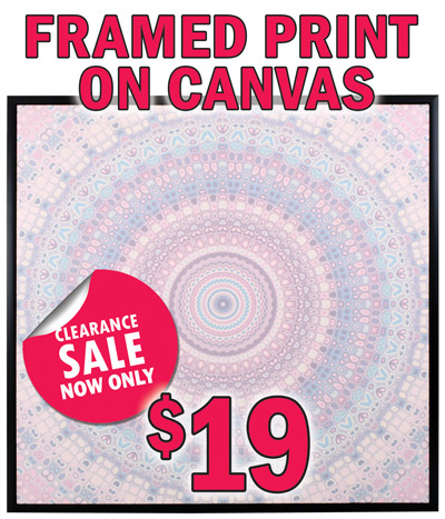 Framed Print on Canvas Clearance Sale, now only $19, original price $29. Large 40 inch by 40 inch canvas with circular design in pastel hues of pinks, blues, turquoise, and white, with black wood frame. Item number XCC177205.