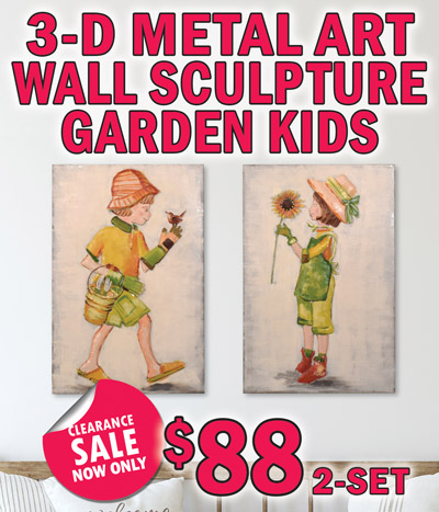 3-D Metal Art Wall Sculpture Garden Kids Clearance Sale, now $88 for 2 piece set, original price $168. Each piece measures 24 inches wide by 35 and a half inches tall. Item # F20251 for 2 piece set. Each one-of-a-kind piece is hand crafted from repurposed steel. The 3-D effect gives them depth and will cause people to do a double take! These whimsical kids go perfect in a foyer, mudroom, kid’s room, garden shed, farmhouse kitchen, or sun porch.