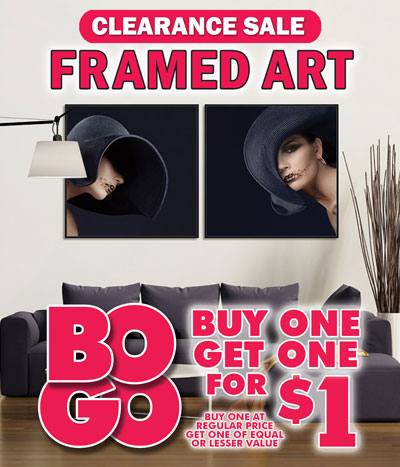 Clearance Sale Framed Art by Scarecrow Home Decorations – Buy One, Get One for $1, buy one at regular price and get one of equal or lesser value for $1. Prices range from $14 to $98. 127 images to choose from with limited quantities on some styles, styles will vary from store to store. Sizes range from 16 inches by 16 inches to 48 inches by 48 inches. Stunning images, huge variety of styles, other styles may be available in some stores. Many designed to hang in sets of 2 or 3, sold individually, not sold as sets. Due to these being clearance items, not all sets will be available in all stores. Limited quantities on clearance items. Hurry in for best selection.