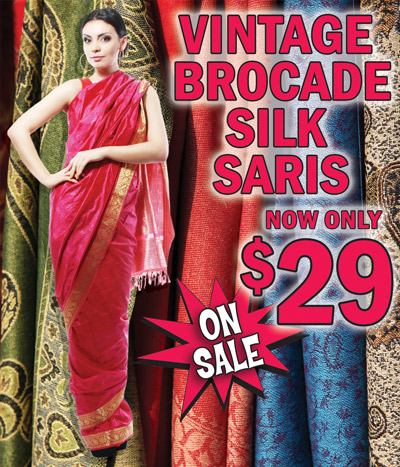 Vintage Brocade Silk Saris On Sale now only $29, original price $59. Each piece averages fifteen feet of luxurious brocade fabric. The sari (often spelled S A R E E) is a single piece of unstitched cloth with a decorative end piece, generally measuring around five to nine yards in length. Traditionally it is worn in India, Sri Lanka, Pakistan, Bangeadesh, and Nepal, and is a functional garment worn every day. Derived from the Sanskrit word ‘Sati’, which translates as ‘a strip of cloth’, the origin of a garment similar to the sari can be traced back to the Indus Valley Civilization in north west India, during 2800 to 1800 BC. Today, 95 percent of the world’s hand-woven fabric comes from India and sari weaving consists of a large portion of the handloom and embroidery district in India. India’s textile industry employs approximately 12 and a half million people, making it the second largest employer of the rural work force. The agriculture industry is the number one employer. Saris are often passed down through generations as an heirloom, sometimes as part of a wedding trousseau, or given as gifts for milestone moments. It is for this reason, the people of India ask that anyone wearing a sari please wear it with respect. Clothes which can be draped around the body are preferred in India because they are the most conducive outfit to the hot climate of the country. They are often worn with a short cropped blouse and long petticoat. A sari can be draped hundreds of ways and when draped correctly, no safety pins are required. POP x o has an excellent tutorial on YouTube about How to Drape a Sari. Click here to watch. POP x o is India’s largest digital community of women and is not affiliated with Southeastern Salvage Home Emporium.