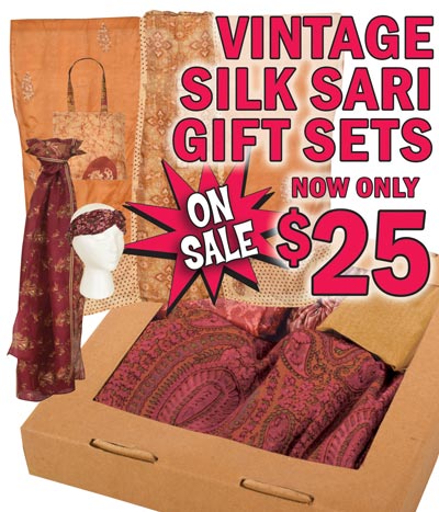 Vintage Silk Sari 4-piece Gift Sets on sale now $25 each, original price $39. 2 gift set styles to choose from, item numbers 150719107 and 150719108. Assorted colors and patterns, color and patterns will vary by store. Combo 1 includes a short-sleeve wrap, scarf, small tote bag, and headband, item number 150719107. Combo 2 includes a pull-over blouse, scarf, drawstring tote, and scrunchie, item number 150719108. Perfect for gift giving.