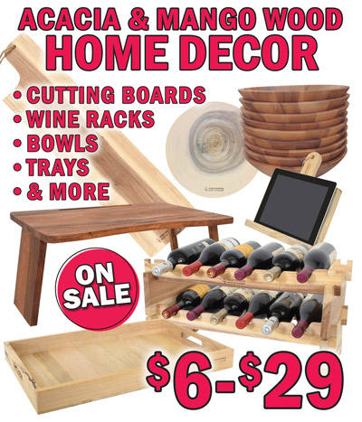 Acacia and Mango wood Home Décor on sale $6-$29. Cutting boards, wine racks, bowls, trays, and more