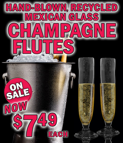 Hand-Blown, Recycled Mexican Glass Champagne Flutes On Sale now $7.49 each