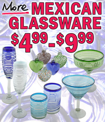 More Hand-Blown, Recycled Mexican Glassware, as with all our recycled glassware, each piece is made entirely by hand and mouth-blown. All are one-of-a-kind, and color and shape variations are normal. Colors, patterns, and shapes will vary from piece to piece. Styles and colors may vary by store. Fluted Champagne Glasses in 4 spiral colors, $9.99 each. Cobalt Blue item number CH054, Green item CH055, Aquamarine item CH056, and White item CH059. Martini Glasses in 3 spiral colors, $9.99 each. Cobalt Blue item number MR054, Green item MR055, and Aquamarine item MR056. Margarita Glasses in 3 spiral colors, $9.99 each. Cobalt Blue item number MY054, Green item MY055, and Aquamarine item MY056. Water Glasses in 3 spiral colors, $7.49 each. Cobalt Blue item number AG054, Green item AG055, and Aquamarine item AG056. Old Fashion Glasses in 3 spiral colors, $7.49 each. Cobalt Blue item number RC054, Green item RC055, and Aquamarine item RC056. Assorted Glass Heart Ornaments in a variety of colors, $4.99 each, item number CR6352, 3 and a half inches high by 2 and a half inches wide. Colors may vary by store. Our beautiful spiral glassware and heart ornaments come from the city of Tonala, Jalisco, Mexico. Each piece is carefully handmade by artisans using recycled glass. With ovens that reach temperatures around 1,200 degrees Celsius, the glass is melted into a viscous state, then mouth-blown into unique works of art.