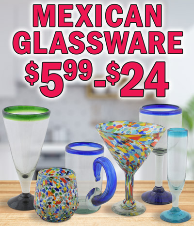 Hand-Blown, Recycled Mexican Glassware $5.99 to $24. Martini and cocktail glasses, wine and fluted champagne glasses, mugs, tumblers, highballs, and pilsner glasses, carafe and tumbler sets, candle holders, napkin holders, crackle glass hanging vases, and glass masks with iron stand and candle holder. This recycled glassware collection is made entirely by hand and mouth-blown. Each piece is one-of-a-kind and color and shape variations are normal. Colors, patterns, and shapes will vary from piece to piece. Variety of colors including multi-colored confetti. Styles and colors may vary by store. Our beautiful glassware comes from the city of San Miguel de Allende, Guanajuato, Mexico and is mouth-blown by talented artisans who combine cultural tradition and artistic perfection to create each piece. Each piece is unique with its own personality and characteristics. The company is committed to the environment with the aim of effectively eliminating waste by obtaining its main raw materials from recycled glass and melting 3,500 kilograms of glass daily to manufacture this exquisite glassware.