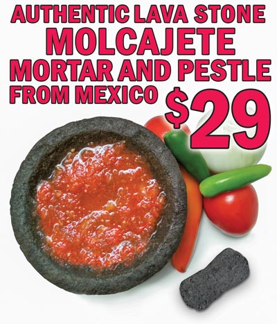 Authentic Molcajete Mortar and Pestle from Mexico - 8 inch diameter $29. It is pronounced mole ca hay tay. Hand carved from a single piece of lava stone, the rough interior texture is perfect for crushing and grinding spices, prepping salsas, and making guacamole and pesto. Before using your molcajete for the first time, you will need to cure and season it to prevent grit from loosening from the sides of your molcajete and getting in your food. The curing and seasoning process will take some time so for best results, don’t rush or skip steps. Click here for printable instructions or open this YouTube video.