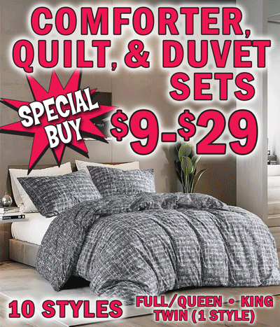 Special Buy Comforter, Quilt, and Duvet Sets $9 to $29, 10 styles, full, queen, and king, and 1 style of twin