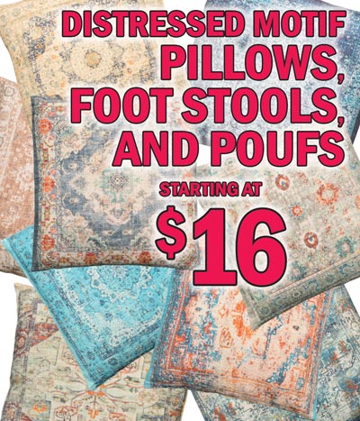 Distressed Motif Pillows, Foot Stools, and Floor Poufs starting at $16