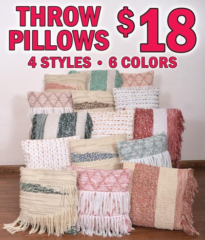 20 inch by 20 inch Cotton Throw Pillows $18 each - 4 styles, 6 colors Apricot, Blue, Brown, Clay, Green, and Red