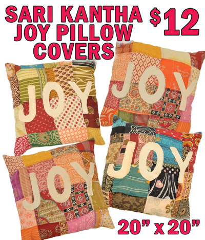 Sari Kantha Joy Pillow Covers $12, large 20 inch by 20 inch covers, pillow inserts sold separately. Made from upcycled Indian Saris with traditional Kantha hand-stitching. Each one is unique. Variety of styles and colors. Because of their unique nature, styles vary from store to store. Click here to learn how our Kantha products are made and why upcycling is important.