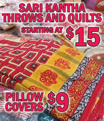 Sari Throws, Quilts, and Pillow Covers made from Upcycled Indian Saris and traditional Kantha hand-stitching. Throws $15, Quilts $24 and $38, Pillow Covers $9 - inserts sold separately. Variety of styles and colors. Each one is unique.