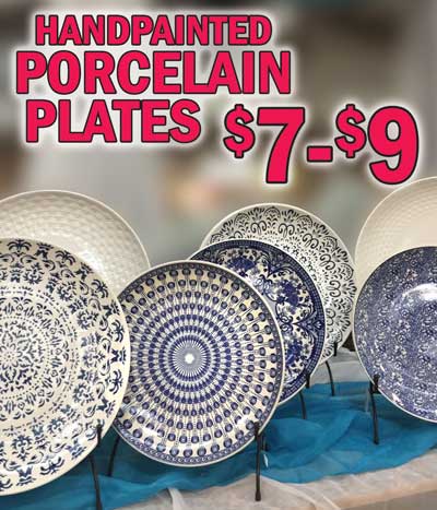 Hand-Painted Porcelain Plates 14 inches, 16 inches, and 18 inches $7 and $9, 10 styles. Styles may vary by store. Iron Display Stand $4.99 sold separately. These modern day masterpieces have been intricately detailed by hand in Chaozhou, China for over 1,700 years, giving each unique piece a story to tell. Their timeless elegance and quality handpainting will make them the antiques of years to come.