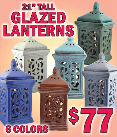 Glazed Terra Cotta Lanterns, 21 inches tall, 10 and a half inches wide - $77, compare online for $149. 6 colors - antique glass green, antique grey, antique marble green, antique blue, antique white, and antique red copper. Each lantern is handcrafted with the Moroccan inspired design cut out by hand. The result is a one-of-a-kind piece to enjoy for many seasons. These lanterns can stand alone as an art object as well as illuminate a room with a candle or lights inside. Perfect for indoor or outdoor entertaining. Colors may vary by store.