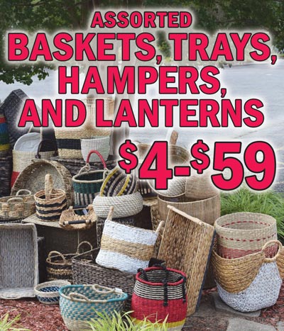 Assorted Baskets, Trays, Hampers, and Lanterns $4 to $59