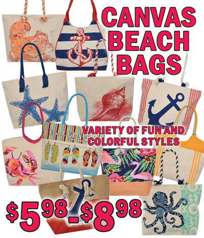 Canvas Beach Bags $5.98 to $8.98, variety of fun and colorful styles